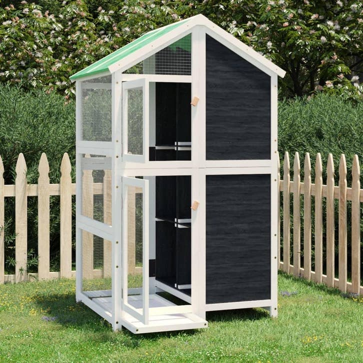 vidaXL Volière 97x81x152 cm massief grenenhout grijs, Dieren en Toebehoren, Vogels | Toebehoren, Nieuw, Verzenden