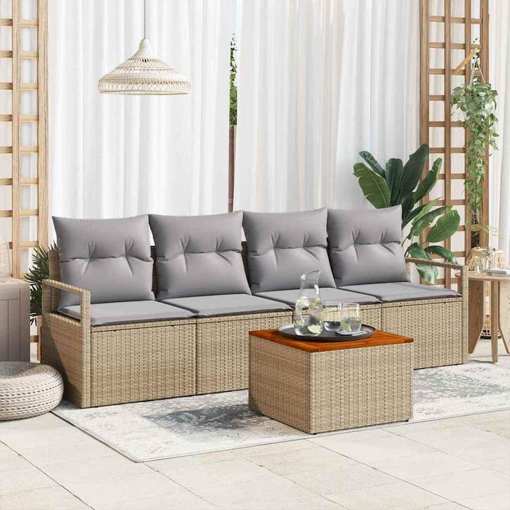 vidaXL Tuinbank Set met kussen 5 pcs Beige poly rattan, Tuin en Terras, Tuinsets en Loungesets, Nieuw, Verzenden