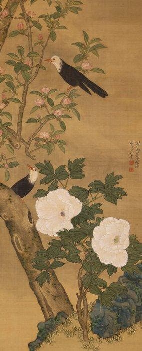 Zeer fijne rol Birds And White Peonies, gesigneerd -