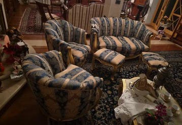Fauteuil avec repose-pied (5) - Bois doré, Damassé de soie,