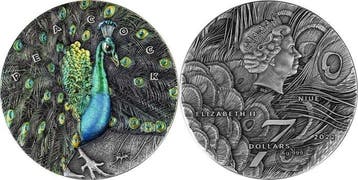 Niue. 7 Dollars 2022 Amazing Animals - Peacock, 3 Oz (.999)