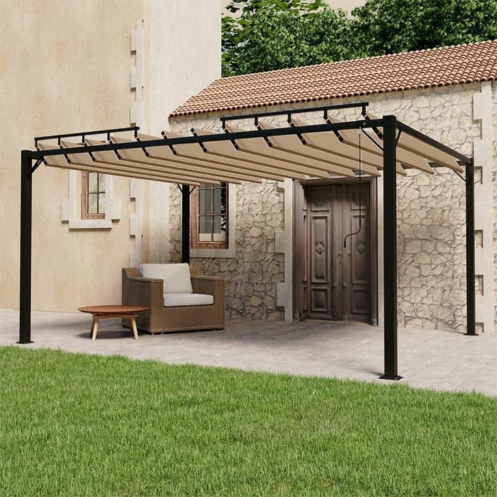 vidaXL Prieel met lamellendak 3x4 m stof en aluminium taupe, Tuin en Terras, Partytenten, Nieuw, Verzenden
