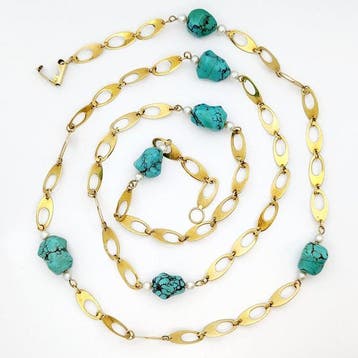 Halsketting - 18 karaat Geel goud - 49.00ct. tw. Turquoise -, Handtassen en Accessoires, Nieuw