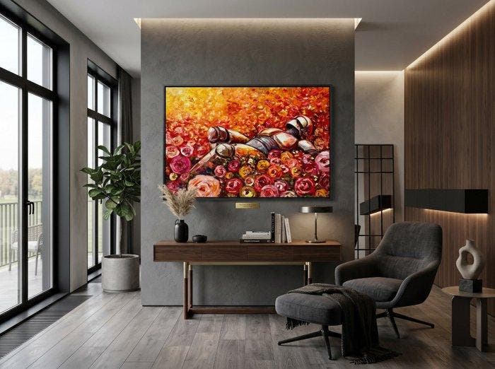 Yuni R. P - El Descanso del Caballero entre Rosas Cobrizas, Antiquités & Art, Art | Peinture | Moderne