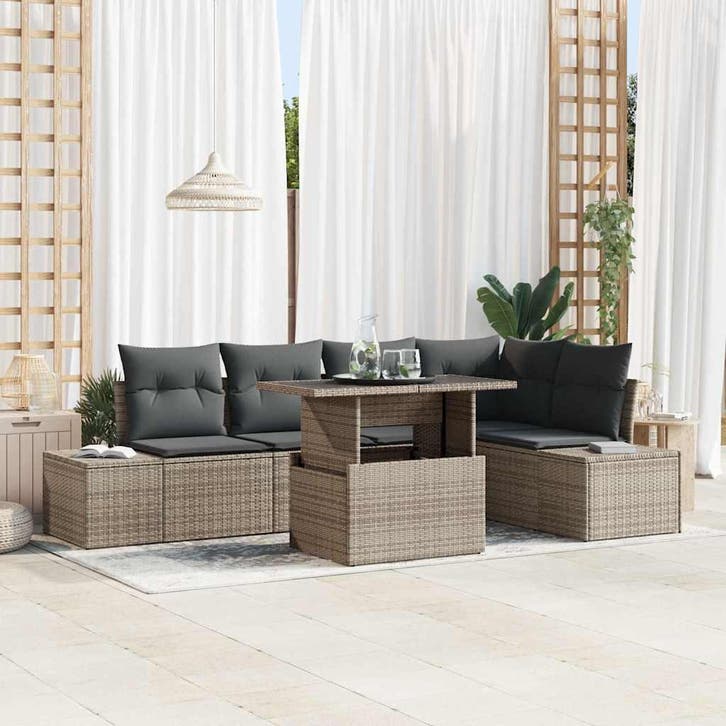 vidaXL Tuinbank Set met kussen 6 pcs Grijs Poly rattan, Jardin & Terrasse, Ensembles de jardin, Envoi