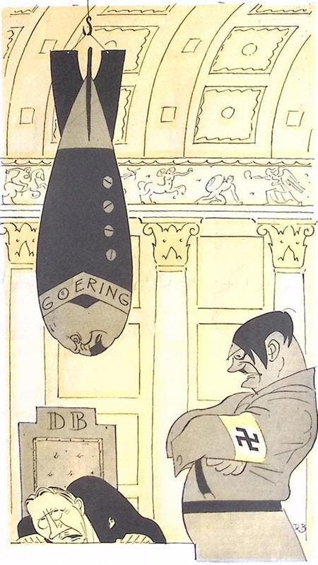 Spotprent met Hitler en Goering die Hjalmar Schacht intim..., Antiquités & Art, Art | Lithographies & Sérigraphies, Envoi