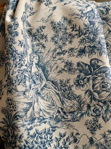 Vijf meter. Dubbelbreed stof toile de Jouy inktblauw voor, Antiek en Kunst