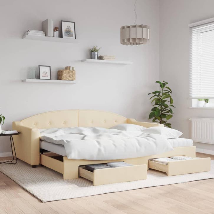vidaXL Slaapbank met onderschuifbed en lades 90x200 cm stof, Maison & Meubles, Chambre à coucher | Lits, Envoi