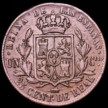 Spanje. Isabel II. 25 centimos de real Acuñada en Segovia en