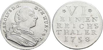 1/6 taler, daalder (oorlogsgeld) 1758 Wuerttemberg Karl E..., Verzenden, België