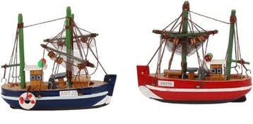 Vissersboot antje blauw groter maritiem 16 cm + zeilbootje, Nieuw