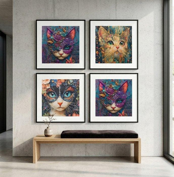 AA178 - Decoratieve stof met 4 droomkatten in, Antiek en Kunst, Antiek | Tapijten, Tafelkleden en Textiel