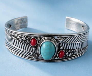 Bracelet manchette vintage plaqué argent turquoise et corail