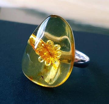 Zeldzame zilveren ring van natuurlijk Baltisch amber met