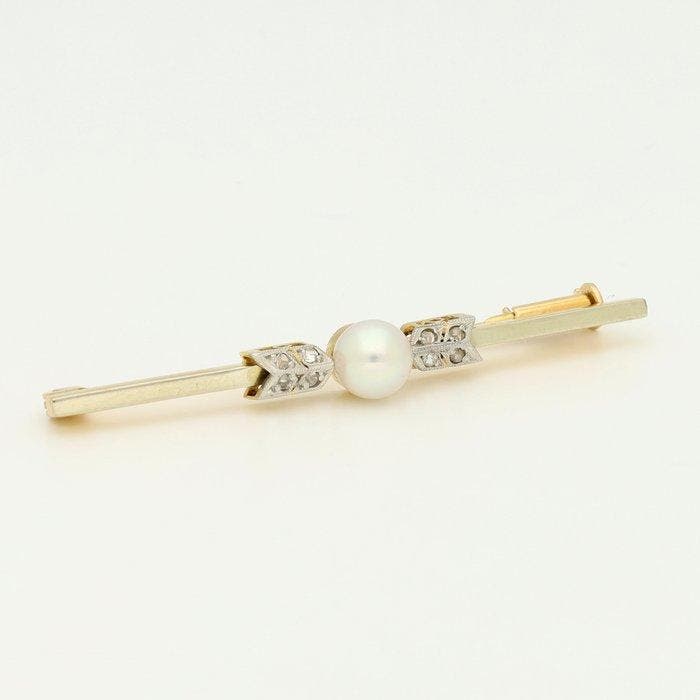 Broche - 14 karaat Geel goud Diamant (Natuurlijk) - Parel, Handtassen en Accessoires, Antieke sieraden