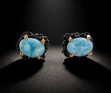 925 zilver, zwart gerhodineerd, Larimar - Oorbellen