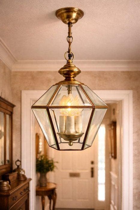 Lampe à suspendre - laiton verre biseauté - Suspension, Antiek en Kunst, Curiosa en Brocante