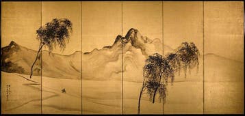 Een zesdelig bybu-vouwscherm met een landschap in sumi-e op