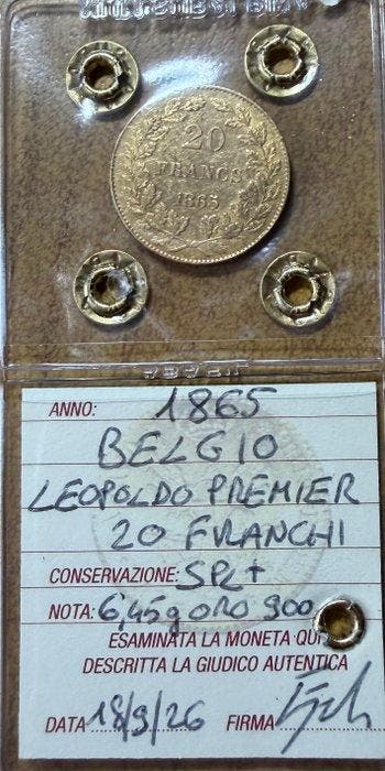 Belgique. Léopold Ier. 20 Francs 1865