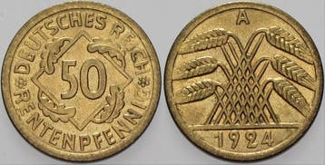 50 Rentenpfennig 1924 A Kleinmunten Weimarer Republik Wei..., Verzenden