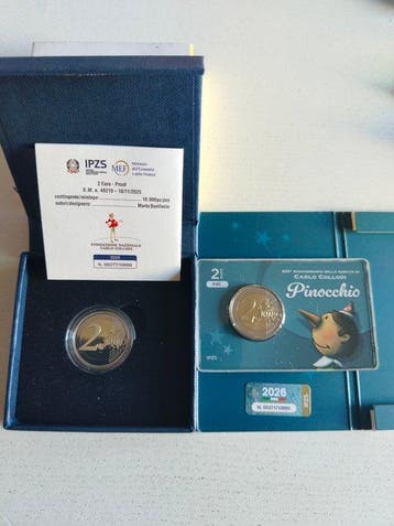 Italië. 2 Euro 2026 Pinocchio (2 monete) Proof + BU