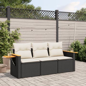 vidaXL 3-delige Loungeset met kussens poly rattan zwart, Verzenden, Loungeset