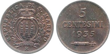 5 Centesimi San Marino 1935 Top Archiv Franquinet Brons, Verzenden, België
