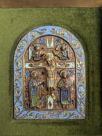 Modesto i Morato - Oud emaille op vuur De Kruisiging. -, Antiek en Kunst