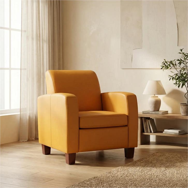 Leren fauteuil Joy - Toledo Leem (geel/bruin) - Poten hout, Maison & Meubles, Fauteuils, Enlèvement ou Envoi