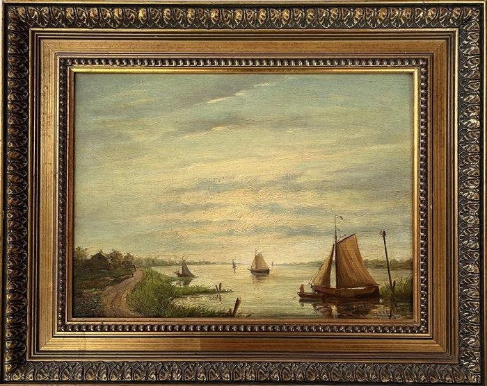 H. Hulk (XIX) - Rust aan de Oever - riviergezicht met, Antiek en Kunst, Kunst | Schilderijen | Klassiek