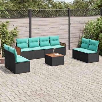 vidaXL 9-delige tuinbankset met kussens van zwart polyrotan, Verzenden