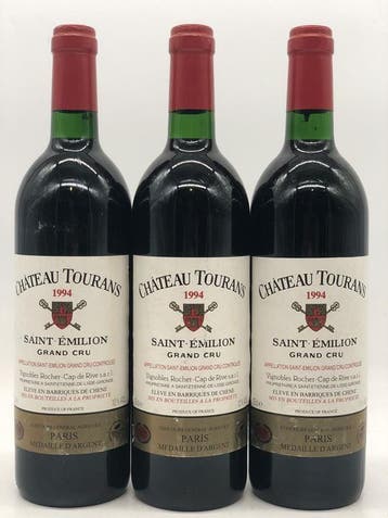 3 x 75cl Chateau Tourans St.Emilion GC 1994 (Bordeaux, rood), Ophalen of Verzenden, Rode wijn
