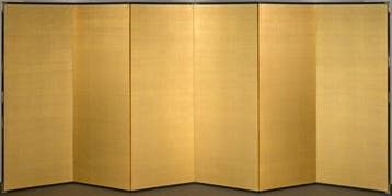 Een Japanse gouden zijde zesdelige bybu () vouwscherm. -