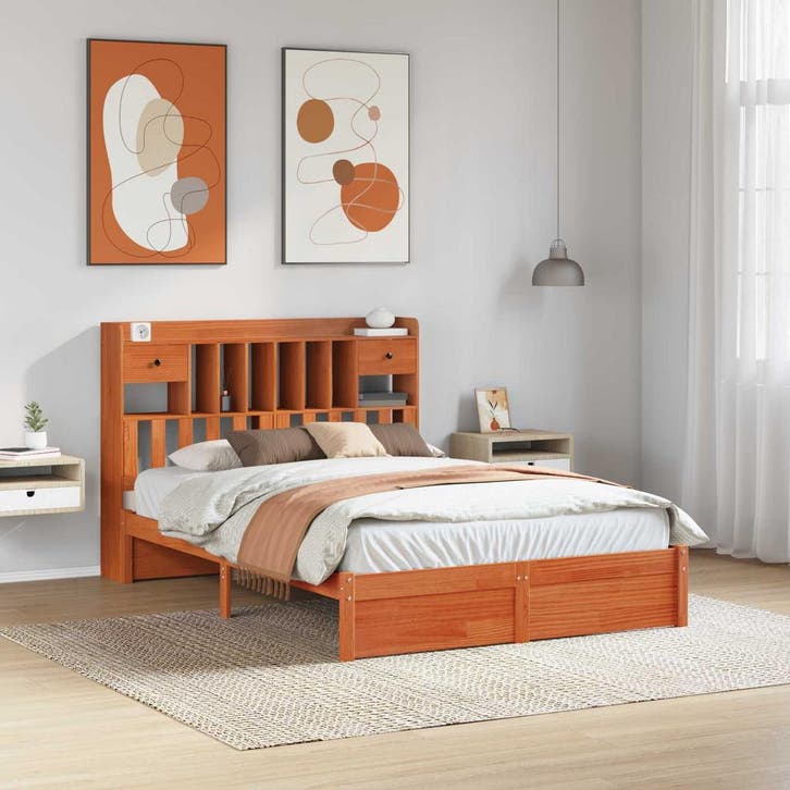 vidaXL Boekenkast Bed Frame met hoofdeinde Waskleur Bruin, Huis en Inrichting, Slaapkamer | Bedden, Nieuw, Verzenden