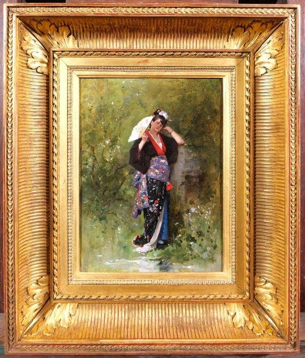 Philippe-Jacques Linder (1835-1914) - Woman in kimono in her, Antiek en Kunst, Kunst | Schilderijen | Klassiek