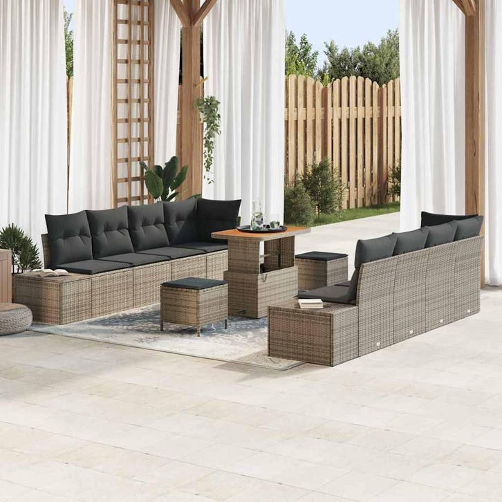 vidaXL Tuinbank Set met kussen 11 pcs Grijs poly rattan, Tuin en Terras, Tuinsets en Loungesets, Nieuw, Verzenden