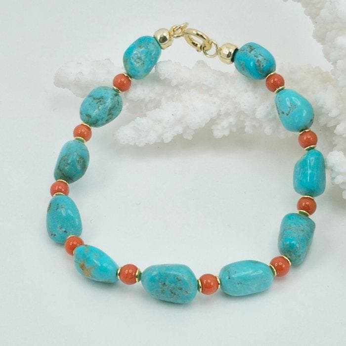 Bloedkoraal - Zilver, Verguld - Armband - TURCHESE AMERICANO, Antiek en Kunst, Curiosa en Brocante