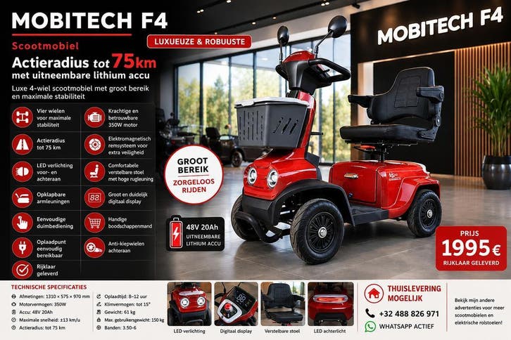 2026 MOBIETECH F4 Scootmobiel - met uitneembare accu, Divers, Voitures sans permis & Scooters pour invalides, Envoi