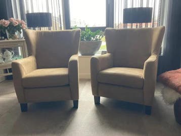 Set van 2 leren oorfauteuils met houten poten - bruin leer, Huis en Inrichting, Ophalen of Verzenden, Nieuw