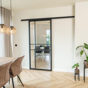 Stalen Schuifdeur met koofsysteem Zwart 6 Vlaks Helder glas, 75 tot 150 cm, Nieuw, 150 tot 225 cm, Metaal