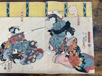 Date Asahizakari Cherry Blossom Curtain Ukiyo-eThree-sheet, Antiquités & Art