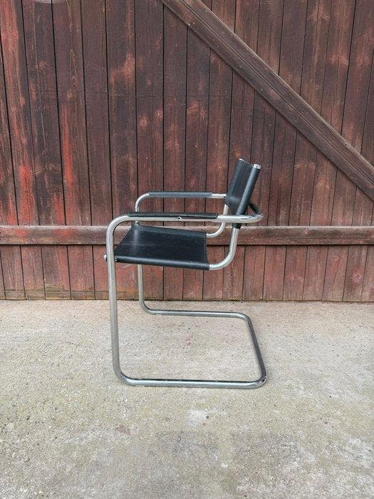 Stoel - Staal, Leder, Chroom - Freischwingerstoelen, Antiek en Kunst, Kunst | Designobjecten