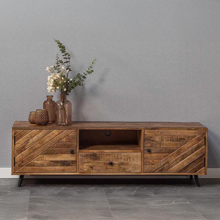 Tv-meubel Mangohout Fiona 120 cm, Huis en Inrichting, Kasten |Televisiemeubels, Nieuw, Overige houtsoorten, Verzenden