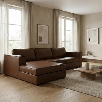 Leren hoekbank Fine - 2,5 zits arm rechts + longchair links, Ophalen of Verzenden