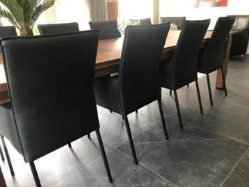 Set van 8 zwarte leren eetkamerstoelen - zwart leer, Ophalen of Verzenden