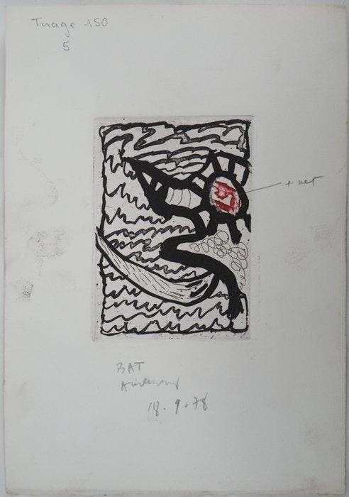 Pierre Alechinsky (1927) - Oiseau surréaliste, Antiquités & Art, Antiquités | Autres Antiquités