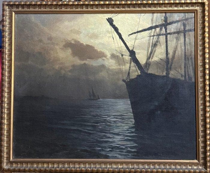 Fabio Cipolla (1852-1935) - Marina con imbarcazioni, Antiek en Kunst, Kunst | Schilderijen | Klassiek