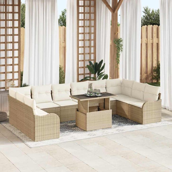 vidaXL Tuinbank Set met kussen 11 pcs Beige Poly rattan, Tuin en Terras, Tuinsets en Loungesets, Nieuw, Verzenden
