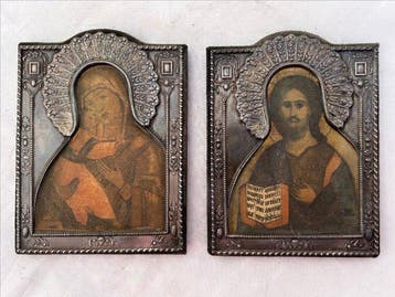 Icoon - Moeder Gods, Christus Pantokrator - Zilver, Textiel, Antiek en Kunst