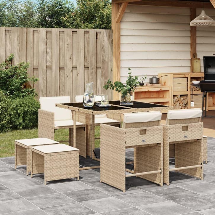 vidaXL 9-delige Tuinset met kussens poly rattan beige, Tuin en Terras, Tuinsets en Loungesets, Tuinset, Nieuw, Verzenden